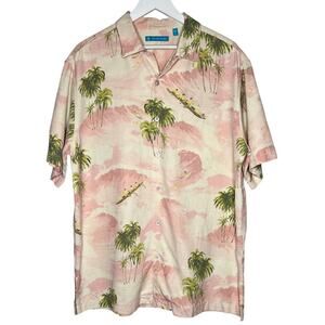 Tori Richard Men's Hawaiian Shirt Large Clouds Palms Rowing Boat Button Up Silk